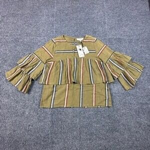 Talori Bethany Top Olive Green Striped‎ Embroidered Ruffle Tiered Blouse NWT M